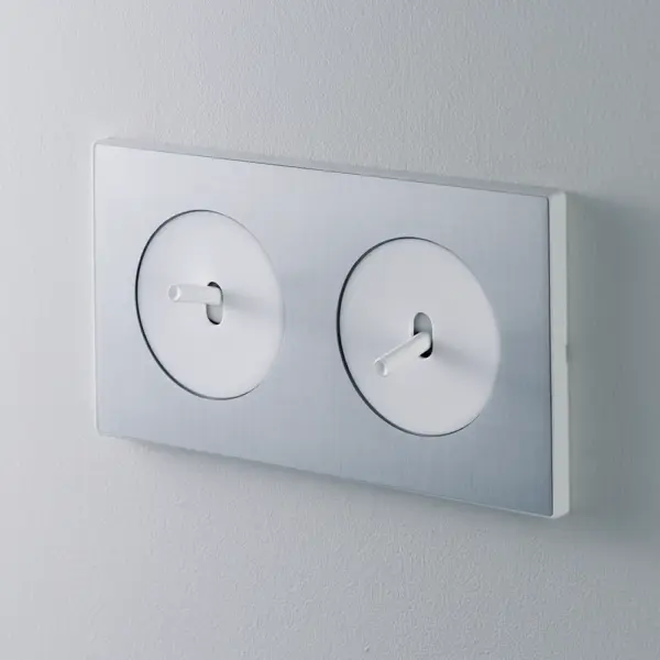 Ramka 2-krotna z szczotkowanego aluminium z dwoma włącznikami pojedynczymi z błyszczącymi, białymi plakietkami