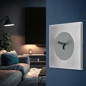 Włącznik z chromowaną dźwignią i srebrną plakietką w ramce z szczotkowanego aluminium