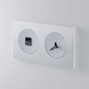 Ramka 2-krotna z szczotkowanego aluminium z włącznikiem pojedynczym i ładowarką USB A+C 20W, z chromowaną dźwignią i srebrnymi plakietkami
