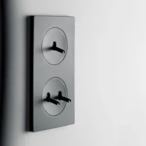 Ramka 2-krotna, pionowa, matowa, czarna z włącznikiem podwójnym i pojedynczym z matowymi, czanymi plakietkami