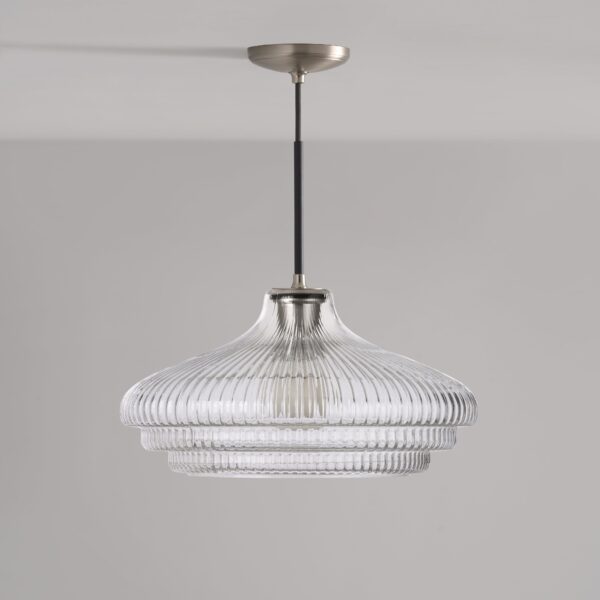 Brookfield duża lampa wisząca z ryflowanym szkłem – Satynowy nikiel