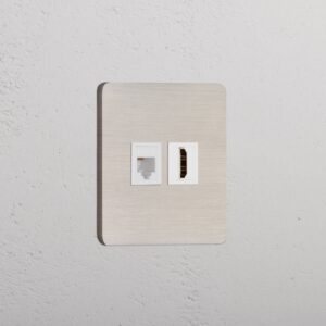 Grove Gniazdo RJ45 i HDMI w pojedynczej ramce – Satynowy nikiel, Biały