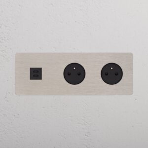 Kew Gniazdo USB-C 30 W i francusko/belgijskie typu E x 2 w potrójnej ramce – Satynowy nikiel, Czarny