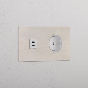 Kew Gniazdo USB-C 30 W i Schuko typu F x 2 w podwójnej ramce – Satynowy nikiel, Biały