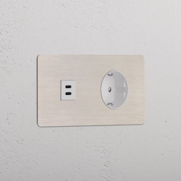 Kew Gniazdo USB-C 30 W i Schuko typu F x 2 w podwójnej ramce – Satynowy nikiel, Biały