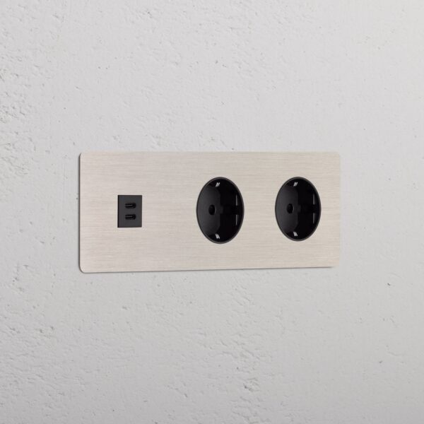 Kew Gniazdo USB-C 30 W i Schuko typu F x 2 w potrójnej ramce – Satynowy nikiel, Czarny