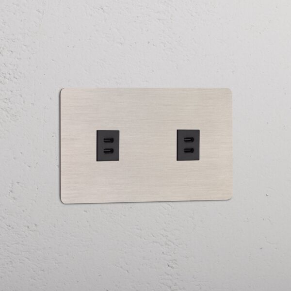 Kew Gniazdo USB-C 30 W x 2 w podwójnej ramce – Satynowy nikiel, Czarny