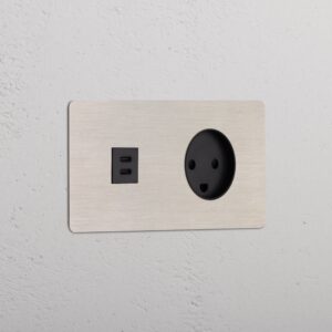 Kew Gniazdo USB-C 30 W i duńskie typu K w podwójnej ramce – Satynowy nikiel, Czarny