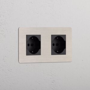 Kew Gniazdo Schuko/Bipasso x 2 w podwójnej ramce – Satynowy nikiel, Czarny