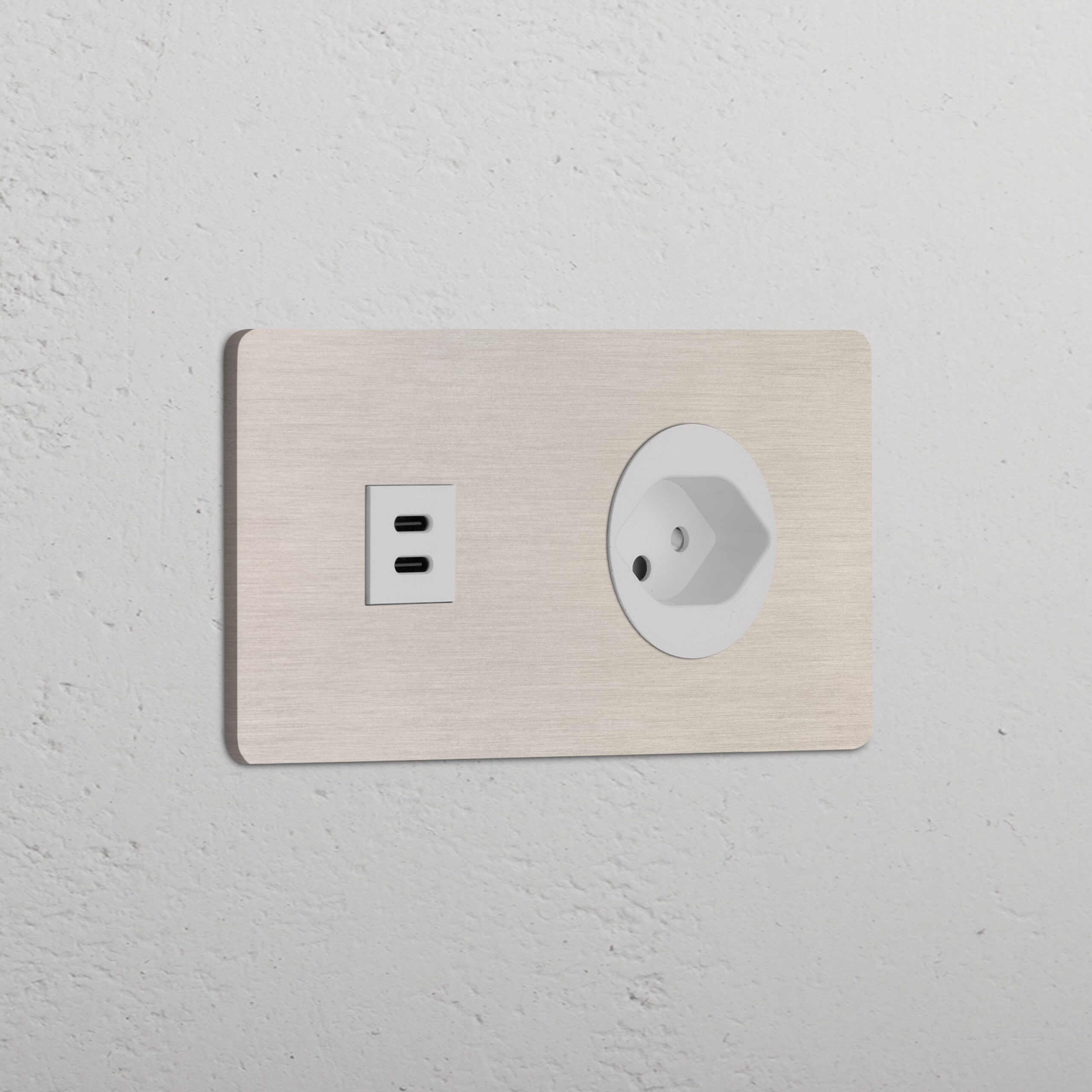 Grove Gniazdo USB-C 30W i szwajcarskie typu J w podwójnej ramce – Satynowy nikiel, Biały