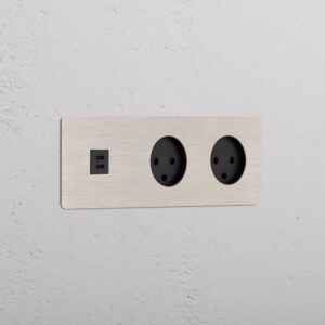 Kew Gniazdo USB-C 30 W i duńskie typu K x 2 w potrójnej ramce – Satynowy nikiel, Czarny