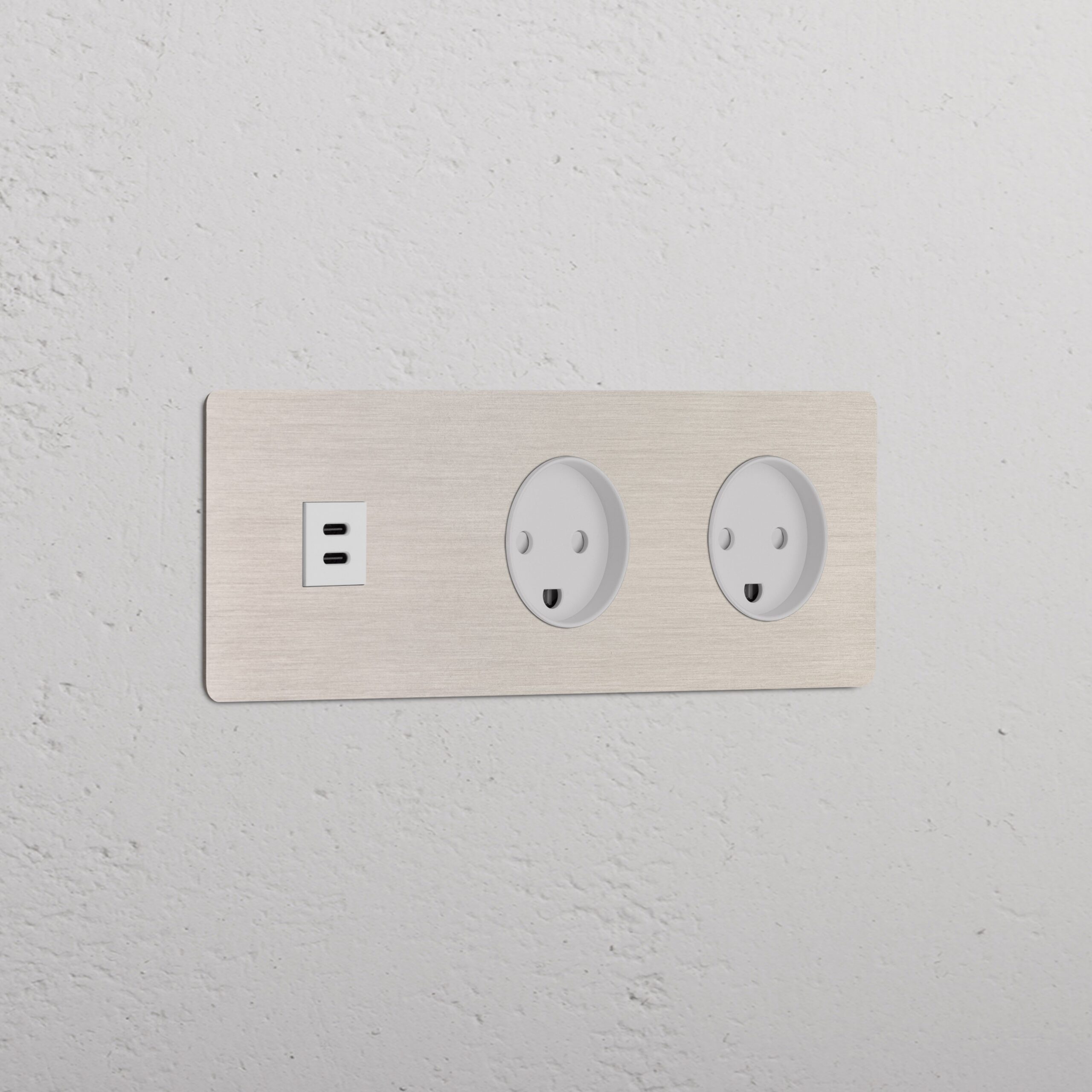 Kew Gniazdo USB-C 30 W i duńskie typu K x 2 w potrójnej ramce – Satynowy nikiel, Biały