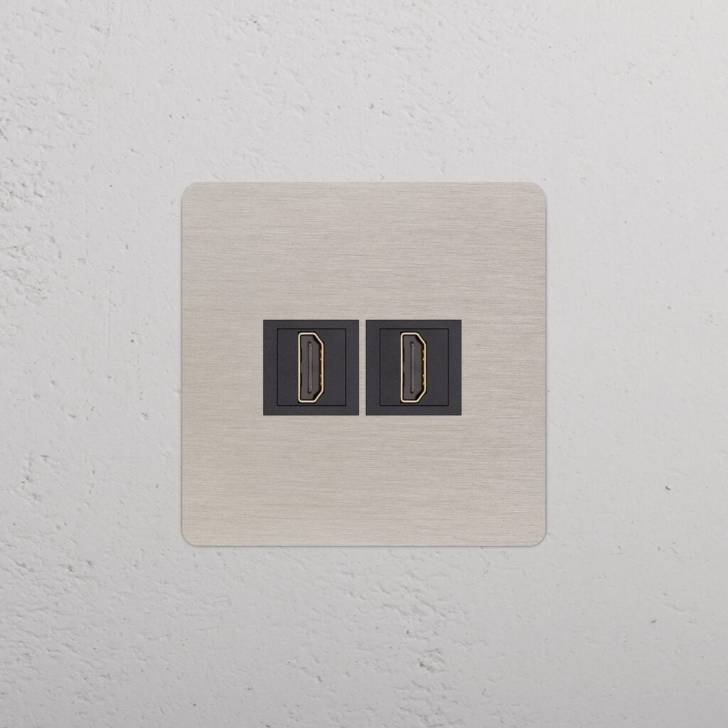 Kew Gniazdo HDMI x 2 w pojedynczej ramce – Satynowy nikiel, Czarny