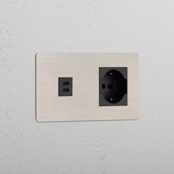 Kew Double USB-C 30W & Schuko/Bipasso Socket – Satynowy nikiel, Czarny