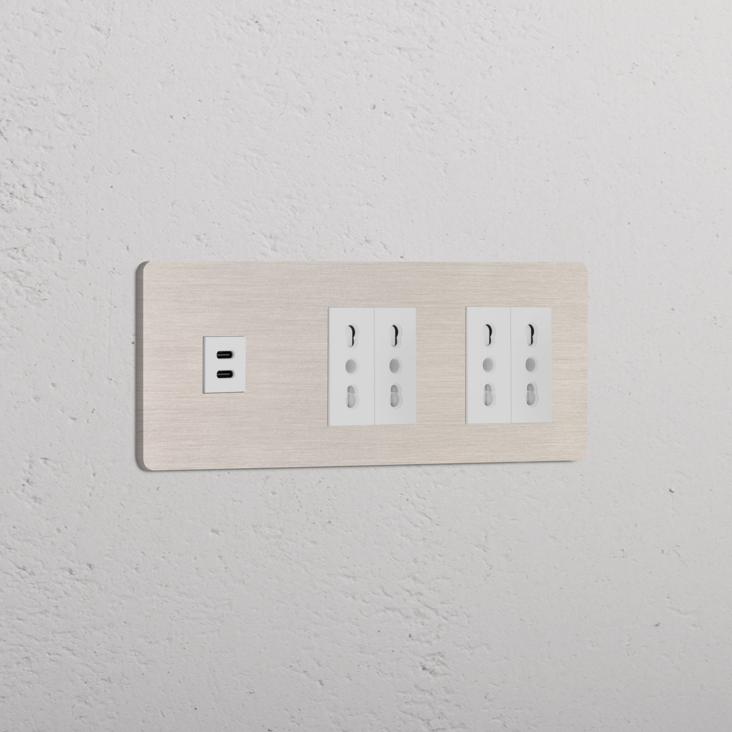 Grove Gniazdo USB-C 30 W i Bipasso x 4 w potrójnej ramce – Satynowy nikiel, Biały
