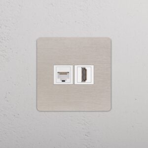 Grove Gniazdo RJ45 i HDMI w pojedynczej ramce – Satynowy nikiel, Biały