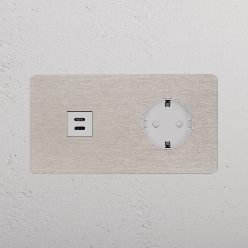 Kew Gniazdo USB-C 30 W i Schuko typu F x 2 w podwójnej ramce – Satynowy nikiel, Biały