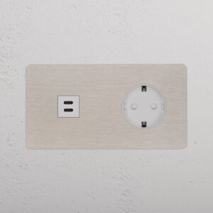 Kew Gniazdo USB-C 30 W i Schuko typu F x 2 w podwójnej ramce – Satynowy nikiel, Biały