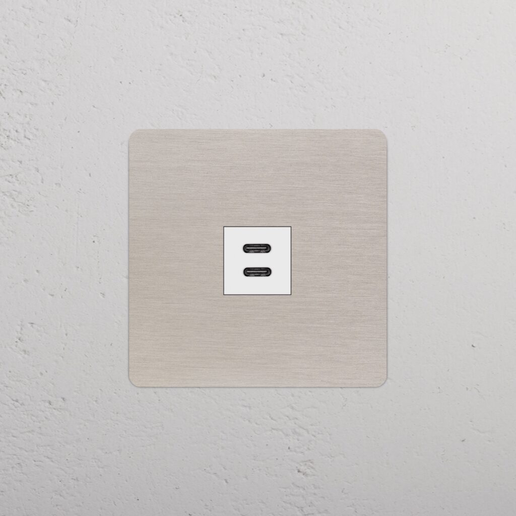 Kew Gniazdo USB-C 30 W w pojedynczej ramce – Satynowy nikiel, Biały