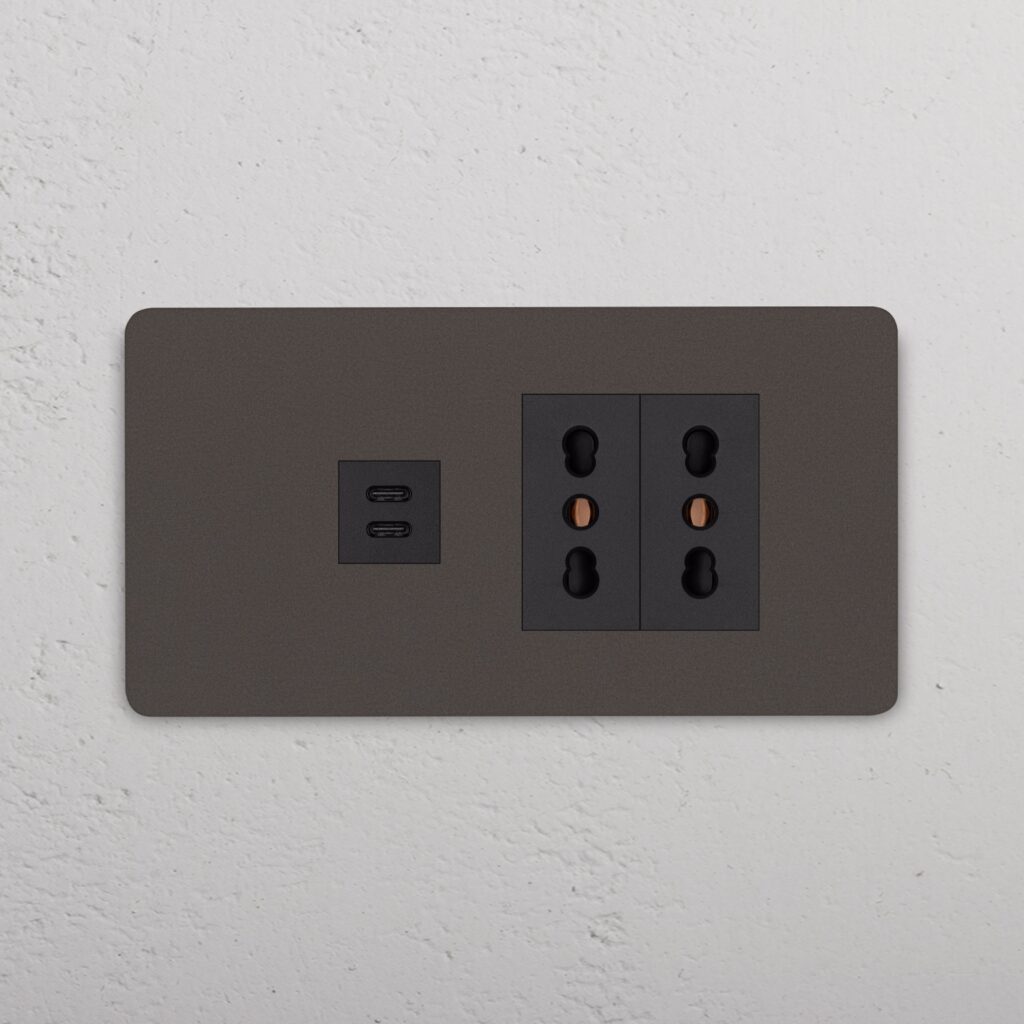 Grove 4-modułowy USB-C 30 W i 2x gniazdo Bipasso – Brąz, Czarny