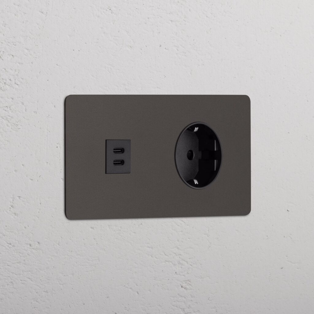 Kew Gniazdo USB-C 30 W i Schuko typu F x 2 w podwójnej ramce – Brąz, Czarny