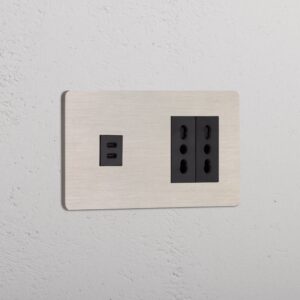 Grove Gniazdo USB-C 30 W i Bipasso x 2 w podwójnej ramce – Satynowy nikiel, Czarny