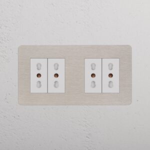 Kew Gniazdo Bipasso x 4 w podwójnej ramce – Satynowy nikiel, Biały