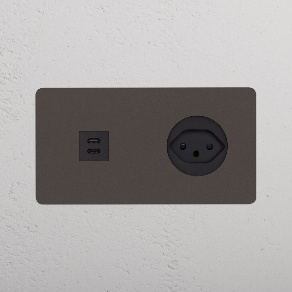 Kew Gniazdo USB-C 30W i szwajcarskie typu J w podwójnej ramce – Brąz, Czarny