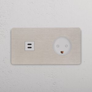 Grove Gniazdo USB-C 30 W i duńskie typu K w podwójnej ramce – Satynowy nikiel, Biały