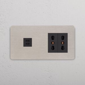 Grove Gniazdo USB-C 30 W i Bipasso x 2 w podwójnej ramce – Satynowy nikiel, Czarny