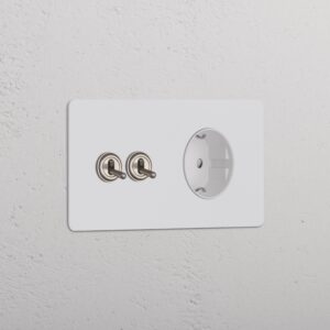 Kew Włącznik dźwigniowy x 2 i gniazdo Schuko typu F w podwójnej ramce – Satynowy nikiel do malowania, Biały