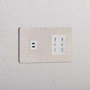 Grove Gniazdo USB-C 30 W i Bipasso x 2 w podwójnej ramce – Satynowy nikiel, Biały