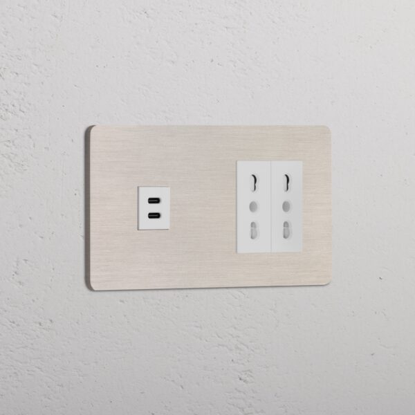 Grove Gniazdo USB-C 30 W i Bipasso x 2 w podwójnej ramce – Satynowy nikiel, Biały