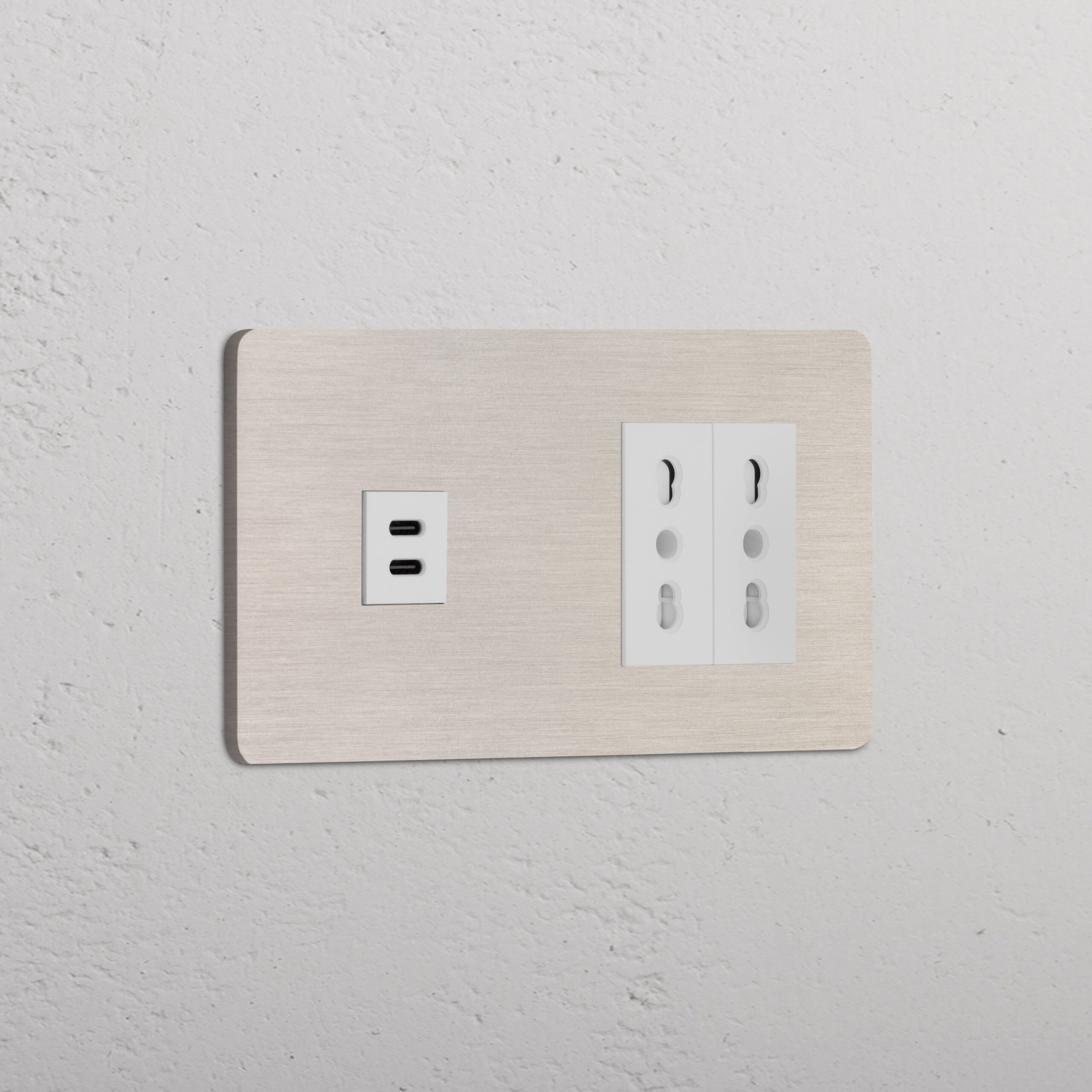 Grove Gniazdo USB-C 30 W i Bipasso x 2 w podwójnej ramce – Satynowy nikiel, Biały