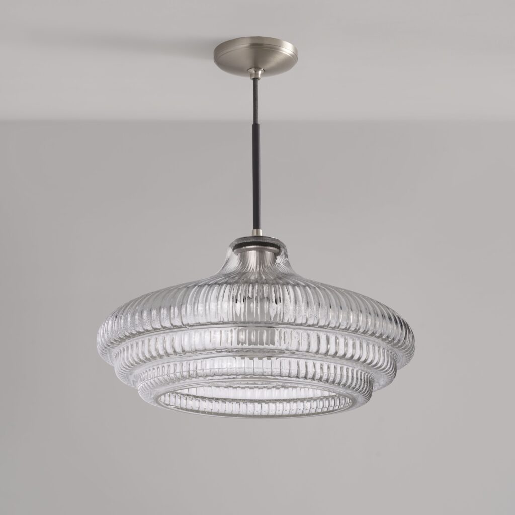 Brookfield duża lampa wisząca z ryflowanym szkłem – Satynowy nikiel