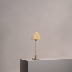 Cotswold mała plisowana lampa stołowa lniany odcień żółci – Antyczny mosiądz