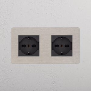 Kew Gniazdo Schuko/Bipasso x 2 w podwójnej ramce – Satynowy nikiel, Czarny