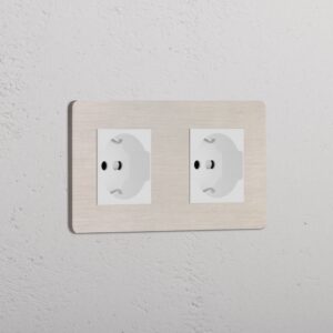 Grove Gniazdo Schuko/Bipasso x 2 w podwójnej ramce – Satynowy nikiel, Biały