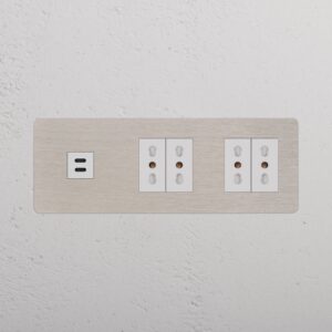 Kew Gniazdo USB-C 30 W i Bipasso x 4 w potrójnej ramce – Satynowy nikiel, Biały