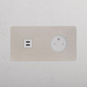 Kew Gniazdo USB-C 30 W i francusko/belgijskie typu E w podwójnej ramce – Satynowy nikiel, Biały