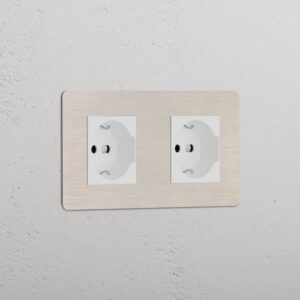 Kew Gniazdo Schuko/Bipasso x 2 w podwójnej ramce – Satynowy nikiel, Biały