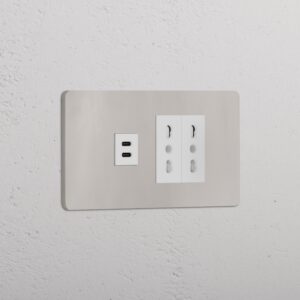 Grove 4-modułowy USB-C 30 W i 2x gniazdo Bipasso – Polerowany nikiel, Biały