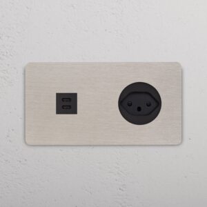 Grove Gniazdo USB-C 30W i szwajcarskie typu J w podwójnej ramce – Satynowy nikiel, Czarny