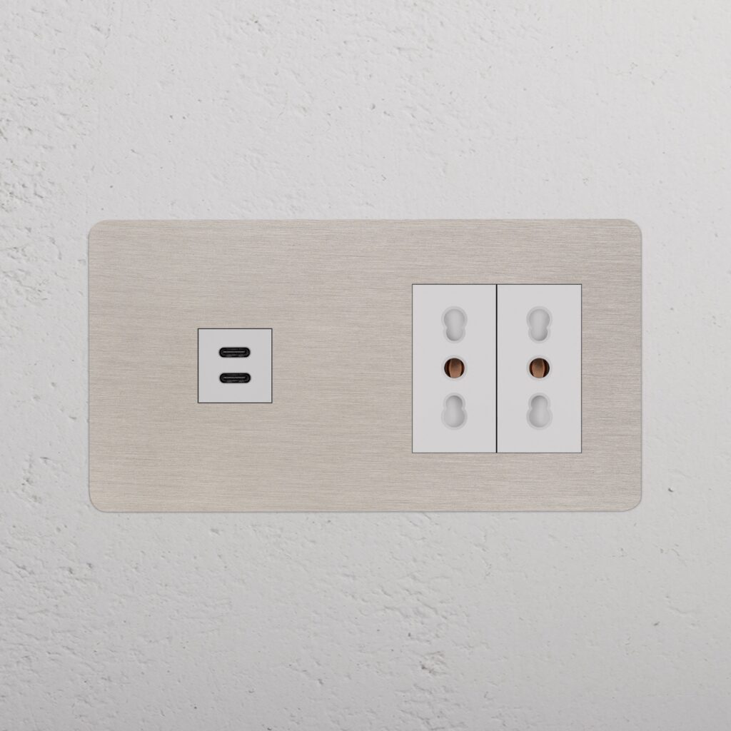 Kew Gniazdo USB-C 30 W i Bipasso x 2 w podwójnej ramce – Satynowy nikiel, Biały