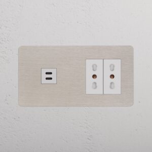 Kew Gniazdo USB-C 30 W i Bipasso x 2 w podwójnej ramce – Satynowy nikiel, Biały