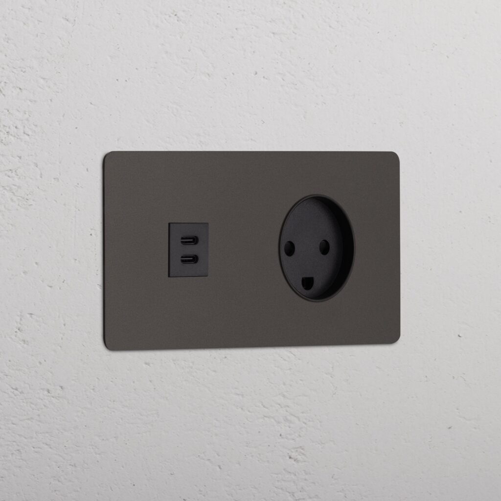Kew Gniazdo USB-C 30 W i duńskie typu K w podwójnej ramce – Brąz, Czarny
