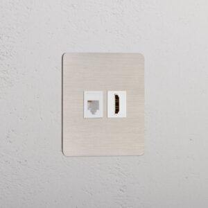 Kew Gniazdo RJ45 i HDMI w pojedynczej ramce – Satynowy nikiel, Biały