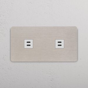 Grove Gniazdo USB-C 30 W x 2 w podwójnej ramce – Satynowy nikiel, Biały