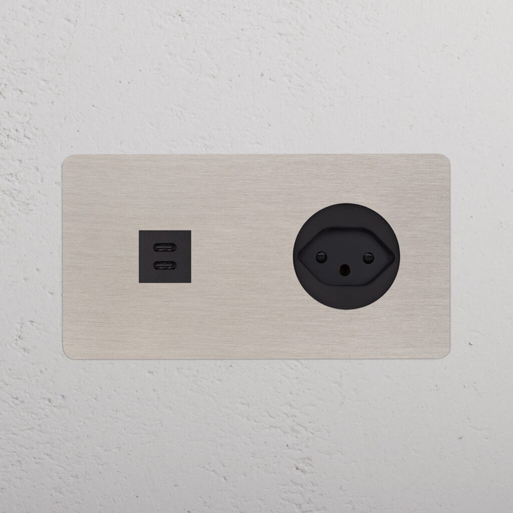 Kew Gniazdo USB-C 30W i szwajcarskie typu J w podwójnej ramce – Satynowy nikiel, Czarny