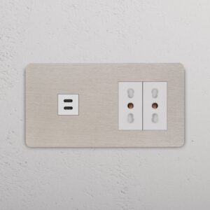 Grove Gniazdo USB-C 30 W i Bipasso x 2 w podwójnej ramce – Satynowy nikiel, Biały
